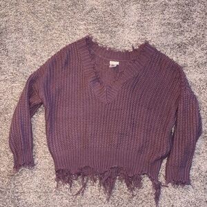 Purple Frayed Hem Women's Sweater